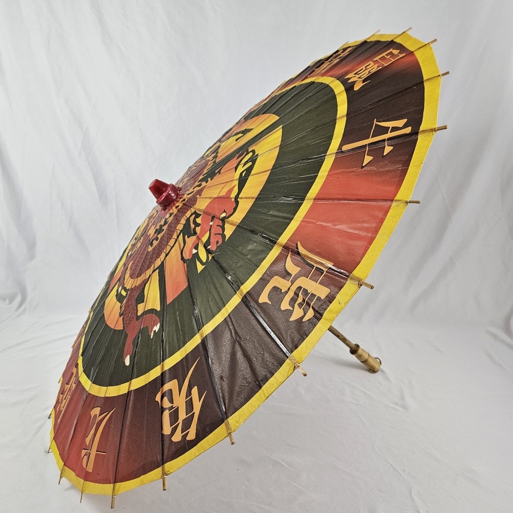 Vintage Parasol Umbrella Chinese Bamboo Rice Paper Hand Painted Dragons Zodiac